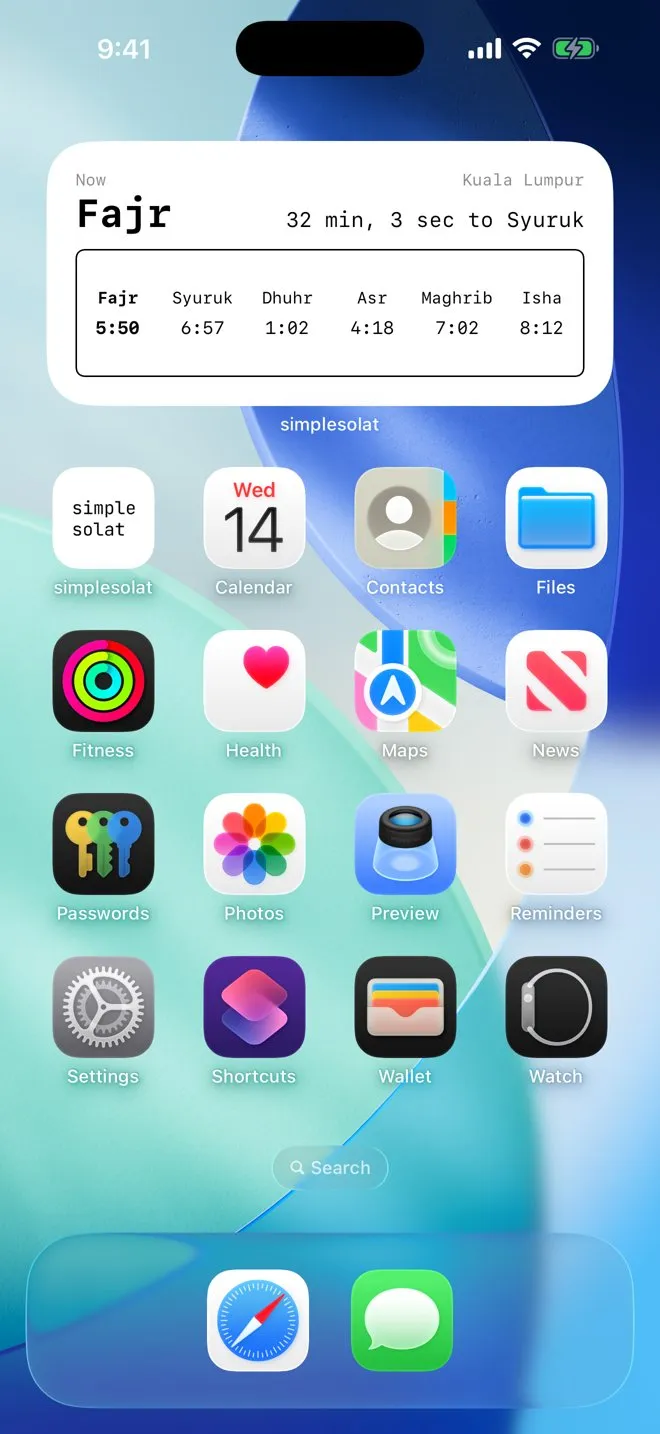 The simplesolat widget on an iPhone home screen, showing the current prayer and a countdown to the next