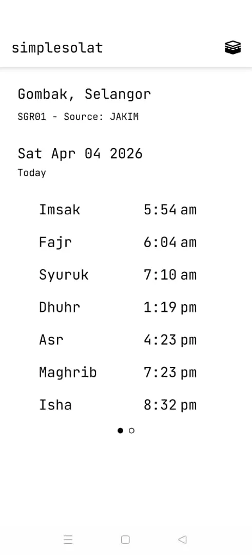 The app showing today's seven prayer times for Gombak, Selangor