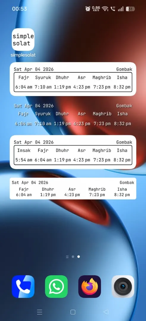 Four simplesolat widget styles on an Android home screen